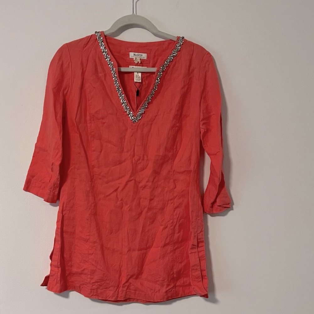 MALVIN Rhinestone Encrusted V Neck Linen Tunic- New without Tags